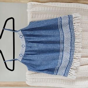 Soft Joie Chambray Blue Embroidered Tank Top with Fringe